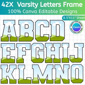 May include: A sheet of varsity letter frames, featuring the alphabet from A to O. Each letter is filled with a landscape design of a blue sky and green hills. The sheet is 8.5" x 11" and is 100% Canva editable.