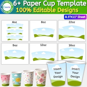 Paper Cup Template Bundle, Canva Editable Paper Cup Label, 4oz, 8oz, 9oz, 12oz, 16oz, 22oz Cup Wrapper Template, Ice Cream &Coffee Paper Cup