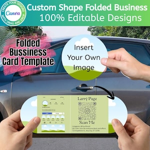 Puede incluir: Plantilla de tarjeta de visita plegada con el texto "Folded Business Card Template" e "Insert Your Own Image". La tarjeta presenta un perfil de redes sociales y un código QR. El fondo incluye un coche.