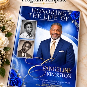 Puede incluir: Una plantilla de programa funerario de 8 páginas con fondo azul profundo, acentos blancos en espiral y rosas azules. La portada muestra el texto Honoring the Life of Evangeline Kingston, dos retratos en blanco y negro y detalles del servicio.