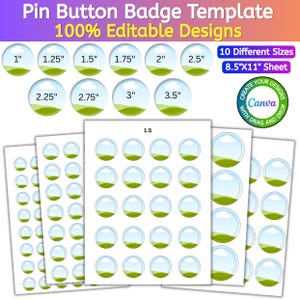 Pode incluir: Um modelo de botton com designs 100% editáveis em 10 tamanhos diferentes, variando de 1 polegada a 3,5 polegadas. O layout inclui várias folhas com gráficos circulares mostrando um céu azul, nuvens brancas e colinas verdes.