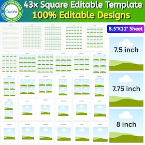 May include: A digital template set featuring 43 square editable designs on an 8.5 inch by 11 inch sheet. The layout displays various grid sizes ranging from 0.25 inch to 8 inch, each containing a landscape graphic with green hills and white clouds.