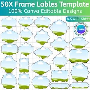 May include: A sheet of 50 frame labels templates with Canva editable designs. The labels have various shapes, including cloud and landscape designs, with a blue sky and green landscape. The sheet size is 8.5" x 11".