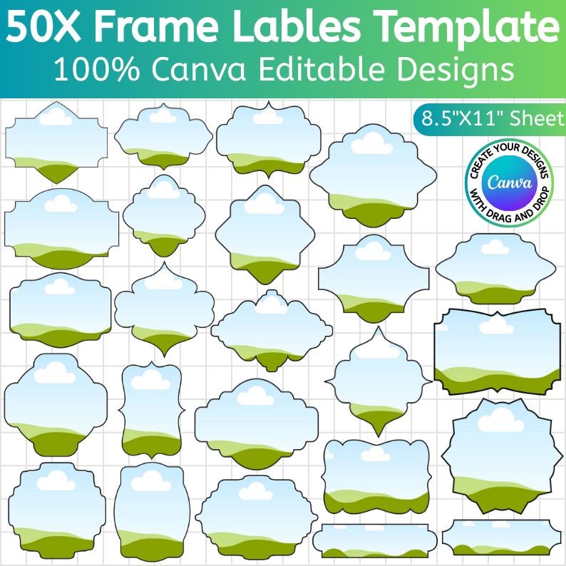 Op de afbeelding: Een vel met 50 frame label templates met Canva bewerkbare ontwerpen. De labels hebben verschillende vormen, waaronder wolken- en landschapsontwerpen, met een blauwe lucht en groen landschap. Het vel meet 21,6 cm x 27,9 cm.