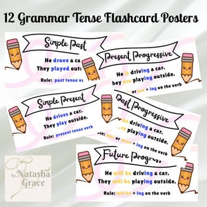 May include: A set of 12 grammar tense flashcard posters. Each card features a different tense, such as Simple Past, Present Progressive, and Future Progressive, with example sentences and rules. The cards have a white background with black text and cute pencil illustrations.