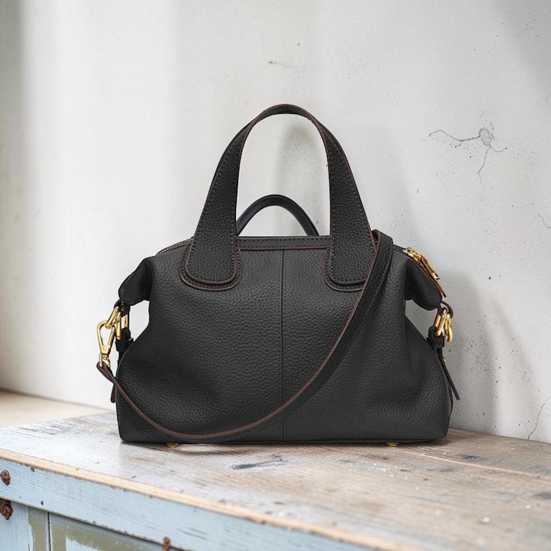 Beige Leather Handbag, Elegant Shoulder Bag, Women Crossbody Bag, Minimalist Everyday Purse, Soft Leather Top Handle Bag Black