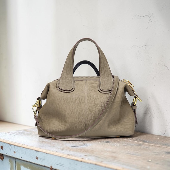 Beige Leather Handbag, Elegant Shoulder Bag, Women Crossbody Bag, Minimalist Everyday Purse, Soft Leather Top Handle Bag