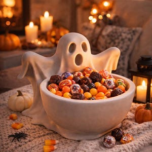 May include: A white ceramic ghost-shaped candy bowl filled with assorted Halloween candies. The bowl sits on a knitted blanket with small pumpkins, candles, and a decorative spider nearby. The candies include orange, yellow, and brown wrapped treats.