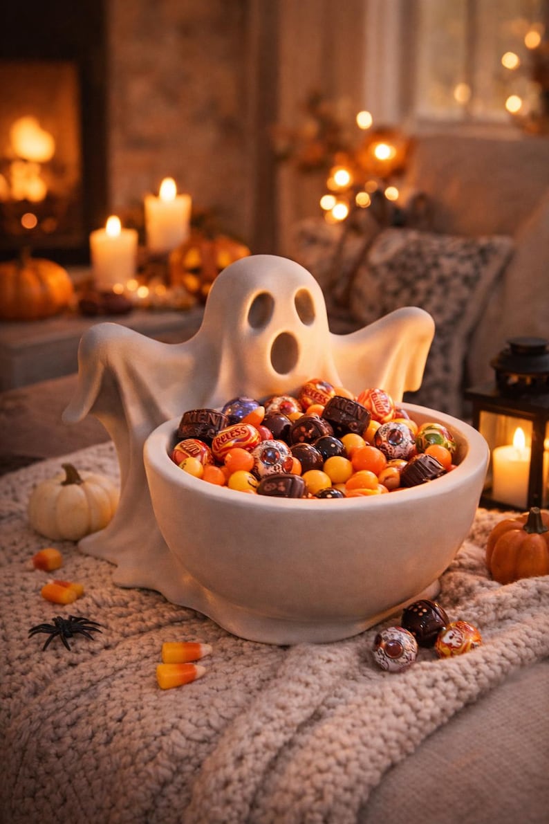 May include: A white ceramic ghost-shaped candy bowl filled with assorted Halloween candies. The bowl sits on a knitted blanket with small pumpkins, candles, and a decorative spider nearby. The candies include orange, yellow, and brown wrapped treats.