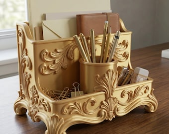 Ornate Baroque Desk Organizer STL – Luxury Pen Holder, Rococo Office Storage (Digital Download)