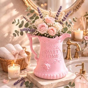 Puede incluir: Una jarra de cerámica rosa con las palabras "SWEET HOME" en relieve en la parte delantera, llena de rosas, lavanda y vegetación. La jarra se encuentra sobre una base de piedra, con una cesta de toallas enrolladas y una vela encendida en el fondo.