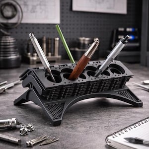 May include: A black pen holder with a unique design, holding several pens and pencils. The holder has a distinctive shape with multiple openings for pens of various sizes. A green pencil and pens with silver and wood accents are visible.