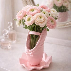 “Ballet shoe vase STL with matching ruffled plate for balletcore and coquette home decor.”
