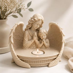 Puede incluir: Un portavelas de ángel color crema con un ángel y un niño rezando, con una vela de té encendida. La escultura tiene alas detalladas y un colgante de cruz. Un artículo religioso decorativo.