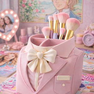 Puede incluir: Un portalápices de maquillaje rosa con forma de blazer, con un lazo color crema. Contiene varios pinceles de maquillaje con cerdas rosas y mangos dorados. Un pincel rosa descansa sobre una revista con el texto "Stay Sweet!"