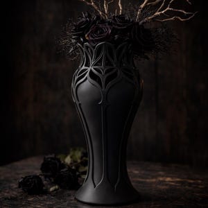 May include: A matte black vase with an intricate, openwork design, holding a bouquet of dark roses and golden branches. The vase sits on a dark wooden surface, with a few loose roses nearby. The overall aesthetic is gothic and elegant.