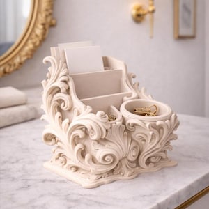 Op de afbeelding: Een crèmekleurige, sierlijke bureau-organizer met een wervelend, bloemmotief. Het heeft compartimenten voor kaarten en een kleine ronde houder voor sleutels. De organizer staat op een marmeren oppervlak.