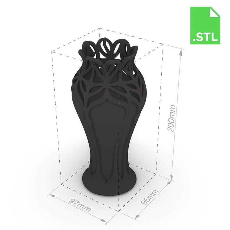 May include: Black decorative vase with an intricate openwork design. The vase is 200mm tall, 97mm wide, and 96mm deep. The top of the vase has a unique, stylized floral pattern. The image also includes a .STL file icon.