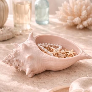 Può includere: Un portagioie a forma di conchiglia rosa chiaro pieno di gioielli, tra cui una collana di perle e ciondoli a forma di stella marina dorata. Il piatto è su una superficie sabbiosa, con bottiglie decorative e coralli sullo sfondo.