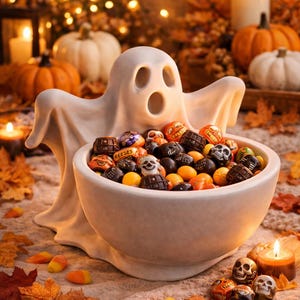 May include: A white ceramic ghost-shaped candy bowl filled with Halloween-themed chocolates and candies. The bowl is surrounded by autumn leaves, pumpkins, and lit candles, creating a festive holiday scene.
