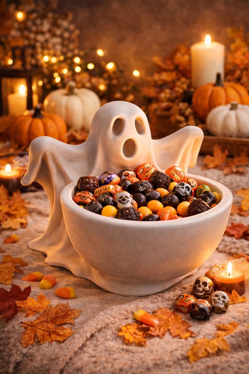 May include: A white ceramic ghost-shaped candy bowl filled with Halloween-themed chocolates and candies. The bowl is surrounded by autumn leaves, pumpkins, and lit candles, creating a festive holiday scene.
