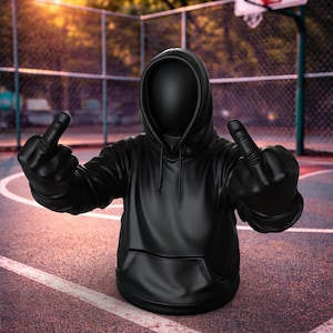 May include: A black figure in a hoodie with a faceless head, wearing black gloves, and giving the middle finger with both hands. The figure is standing on a basketball court.