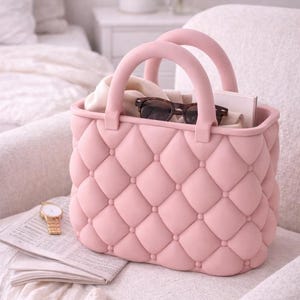 Tufted bag style storage basket STL used as an aesthetic room organizer.