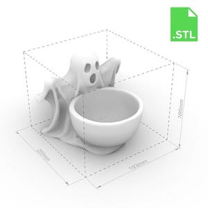 May include: A white 3D-printed ghost-shaped bowl, perfect for Halloween. The bowl is held by a ghost figure with an open mouth and eye holes. Dimensions are 200mm x 193mm x 166mm. The .STL file is available.