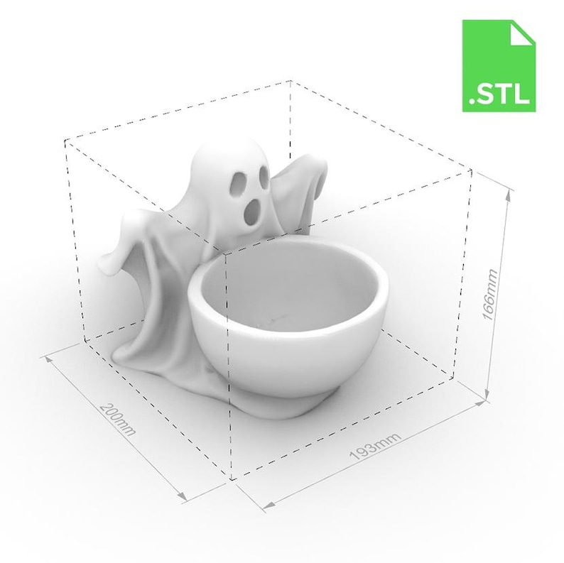 May include: A white 3D-printed ghost-shaped bowl, perfect for Halloween. The bowl is held by a ghost figure with an open mouth and eye holes. Dimensions are 200mm x 193mm x 166mm. The .STL file is available.