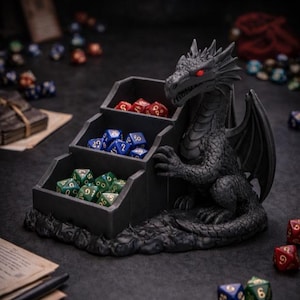 Dragon dice organizer STL shown as a fantasy dragon guarding a three-compartment dice holder, 3D printable tabletop RPG accessory.