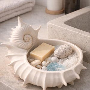 May include: A white seashell-shaped soap dish with a bar of soap, small seashells, pebbles, and bath salts. The dish is on a bathroom countertop, with a candle and other toiletries in the background.