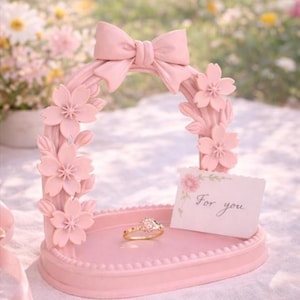May include: A pink decorative ring holder with a bow and floral accents. The holder has a small tray with a gold ring and a card that says "For you". The background is a blurred garden.