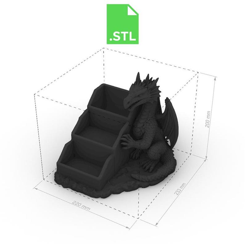Pode incluir: Um organizador preto com tema de drag&atilde;o, impresso em 3D, com tr&ecirc;s compartimentos em camadas. A figura do drag&atilde;o &eacute; detalhada com asas e fica ao lado dos compartimentos. Dimens&otilde;es: 22 cm x 23,3 cm x 20 cm. O tipo de arquivo &eacute; .STL.