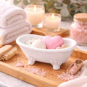 May include: A spa-themed arrangement featuring a small white bathtub filled with bath products, including a pink heart-shaped soap. The setup includes candles, towels, and bath salts on a wooden tray, creating a relaxing ambiance.