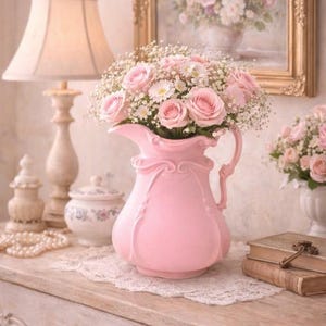 Könnte beinhalten: Eine rosa Keramikkrug, gefüllt mit rosa Rosen und weißem Schleierkraut, steht auf einem Holztisch. Im Hintergrund befinden sich ein gerahmtes Blumenbild und eine Lampe. Weitere Dekorationen sind ein kleines Glas und eine Perlenkette.