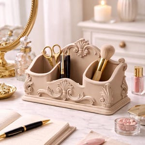 May include: A beige vanity organizer with ornate scrollwork, holding gold scissors, black pens, and a makeup brush. The organizer sits on a marble surface with a notebook, pen, and other beauty products.