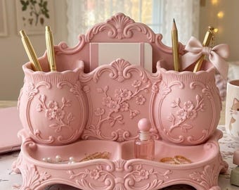 Vintage Floral Desk Organizer STL File, Ornate Stationery Caddy (Digital Download)