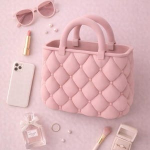 May include: A collection of pink accessories, including a quilted handbag, sunglasses, lipstick, a smartphone, perfume, a ring, a makeup brush, and a ring box with a ring. The items are arranged on a pink surface.