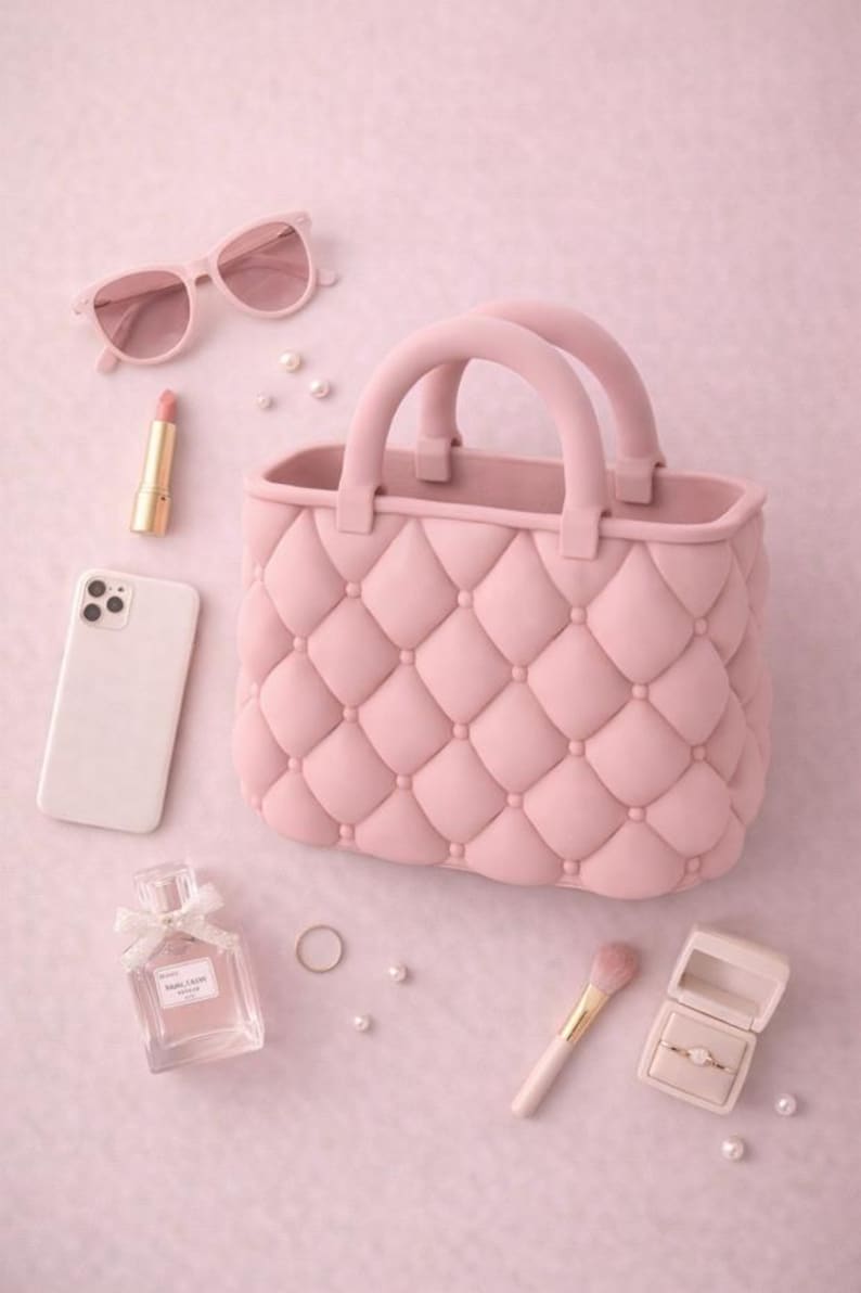 May include: A collection of pink accessories, including a quilted handbag, sunglasses, lipstick, a smartphone, perfume, a ring, a makeup brush, and a ring box with a ring. The items are arranged on a pink surface.