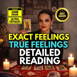 Puede incluir: Imagen que promociona un servicio de lectura de tarot detallada. La imagen presenta a una mujer sosteniendo una carta del tarot, con texto superpuesto que dice "EXACT FEELINGS TRUE FEELINGS DETAILED READING." Texto adicional incluye "WARNING SAME HOUR ULTRA DETAILED" y "BEST SELLER."