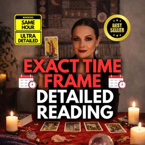 May include: A woman holding a tarot card with the text "EXACT TIME FRAME DETAILED READING." The image includes a "BEST SELLER" badge and a "WARNING" label. Several tarot cards are laid out on a red surface, with lit candles and a crystal ball.