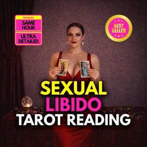 May include: A woman in a red dress holds two tarot cards. The image includes text that reads "SEXUAL LIBIDO TAROT READING." Additional text on the image says "WARNING SAME HOUR ULTRA DETAILED" and "BEST SELLER."