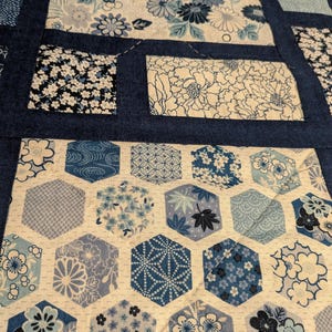 Peut inclure: Gros plan sur une courtepointe patchwork avec une vari&eacute;t&eacute; de motifs floraux et g&eacute;om&eacute;triques bleus et blancs. La courtepointe pr&eacute;sente des blocs rectangulaires et hexagonaux, chacun avec un design unique. Les blocs sont bord&eacute;s d'un tissu bleu fonc&eacute;.
