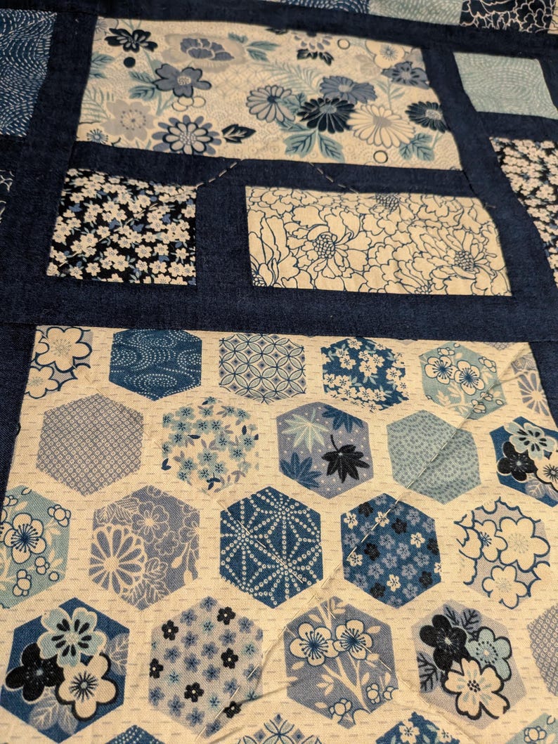 Peut inclure: Gros plan sur une courtepointe patchwork avec une vari&eacute;t&eacute; de motifs floraux et g&eacute;om&eacute;triques bleus et blancs. La courtepointe pr&eacute;sente des blocs rectangulaires et hexagonaux, chacun avec un design unique. Les blocs sont bord&eacute;s d'un tissu bleu fonc&eacute;.