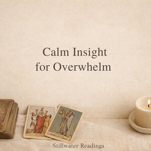 Puede incluir: Un mazo de cartas de tarot vintage, dos cartas ilustradas y una vela encendida sobre un platillo. El texto "Calm Insight for Overwhelm" se muestra encima de las cartas. Las palabras "Stillwater Readings" están en la parte inferior.
