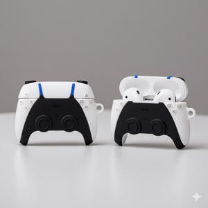 Peut inclure: Deux étuis blancs et noirs pour AirPods en forme de manettes de jeu. L'un est fermé, l'autre ouvert, révélant des écouteurs blancs. Les étuis ont des accents bleus et un design détaillé, ressemblant à une manette de console de jeu.