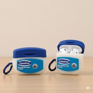 Puede incluir: Dos fundas blancas y azules para AirPods, diseñadas para parecerse a los envases de vaselina. Una funda está cerrada, la otra abierta, revelando auriculares blancos. Cada funda tiene una tapa azul, una etiqueta azul con texto blanco y un mosquetón azul.
