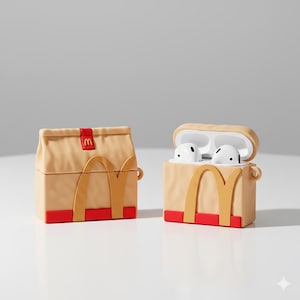 Puede incluir: Se muestran dos fundas para AirPods de color beige, diseñadas para parecerse a los envases de comida de McDonald's. Una funda está cerrada y la otra está abierta, revelando unos AirPods blancos. Las fundas presentan el logotipo de los arcos dorados y detalles en rojo.