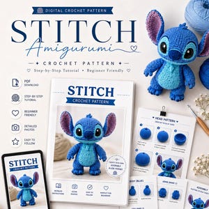 Puede incluir: Un patrón de ganchillo digital para un personaje amigurumi de Stitch, que incluye una guía impresa, una tableta con el patrón y tarjetas de instrucciones paso a paso. El conjunto incluye una muñeca Stitch de ganchillo y tijeras.
