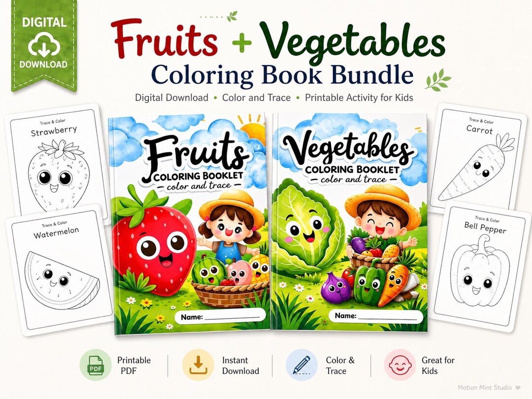 Fruits Vegetables Coloring Book Bundle, Kids Trace Activity (digital ...